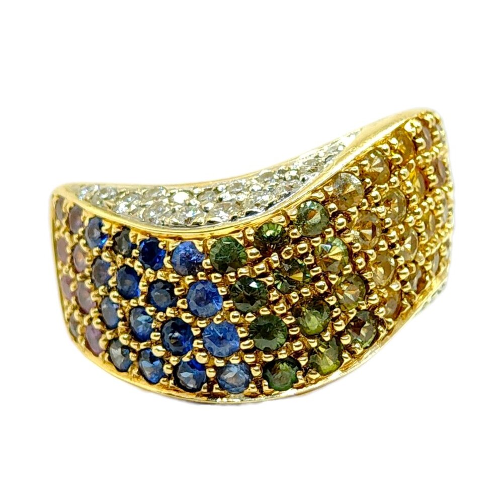 Vintage 18K Multi Color Sapphire and Diamond Band Ring
